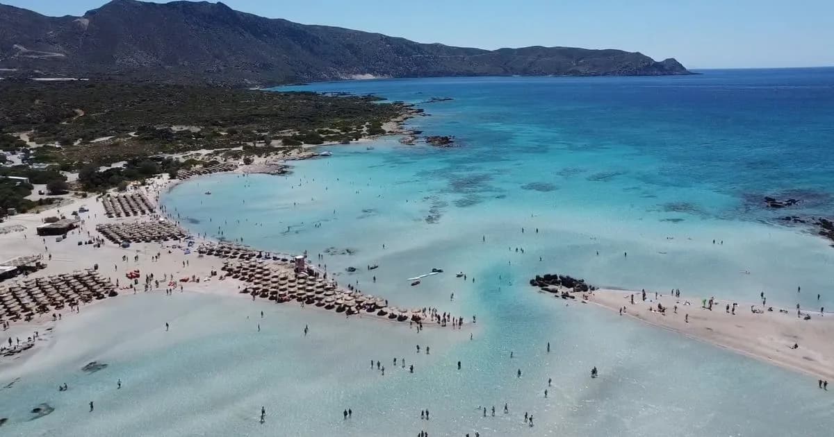 Elafonisi Beach, its sandbar and turquoise lagoon from above
